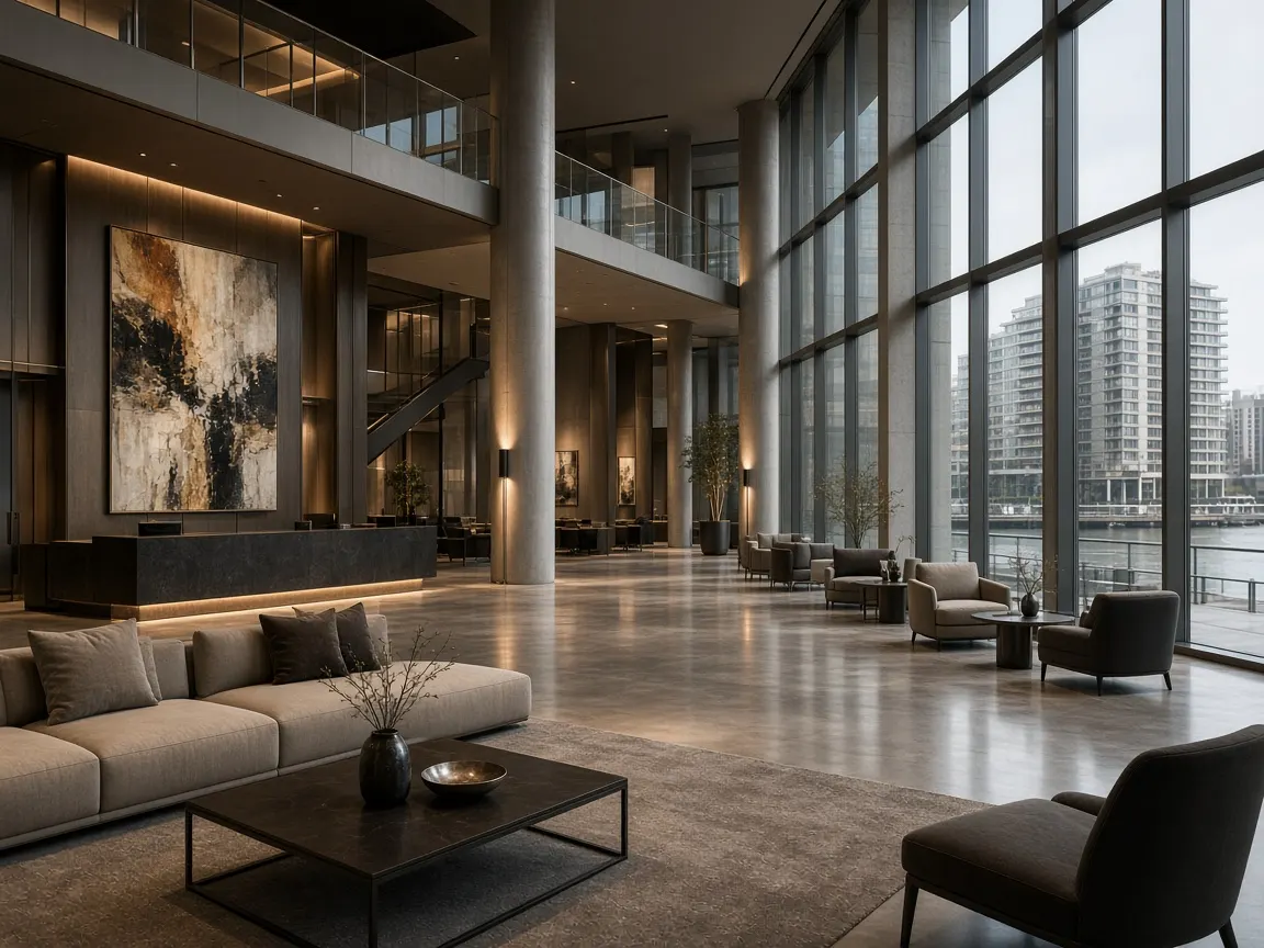 Lobby de doble altura con mobiliario contemporáneo