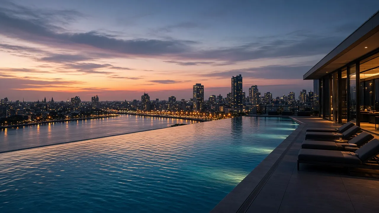 Piscina infinity en terraza con vista urbana