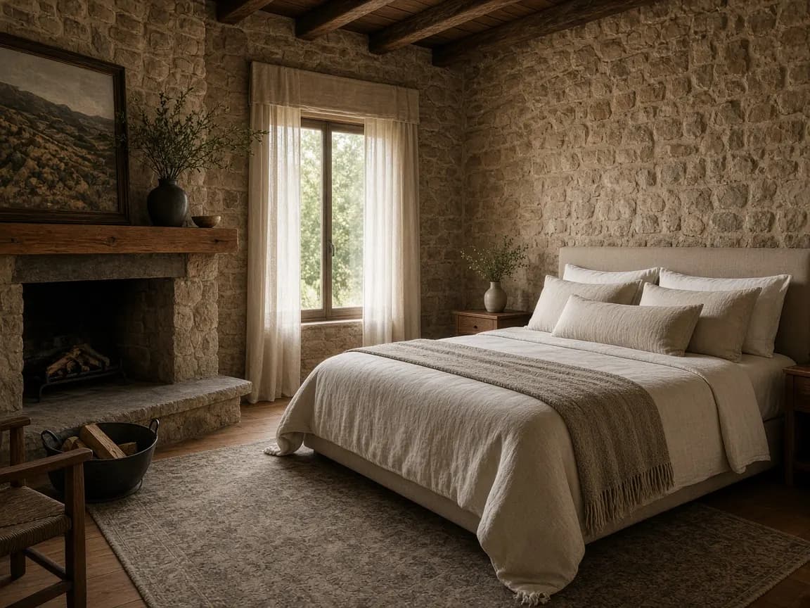 Habitación de lino con chimenea