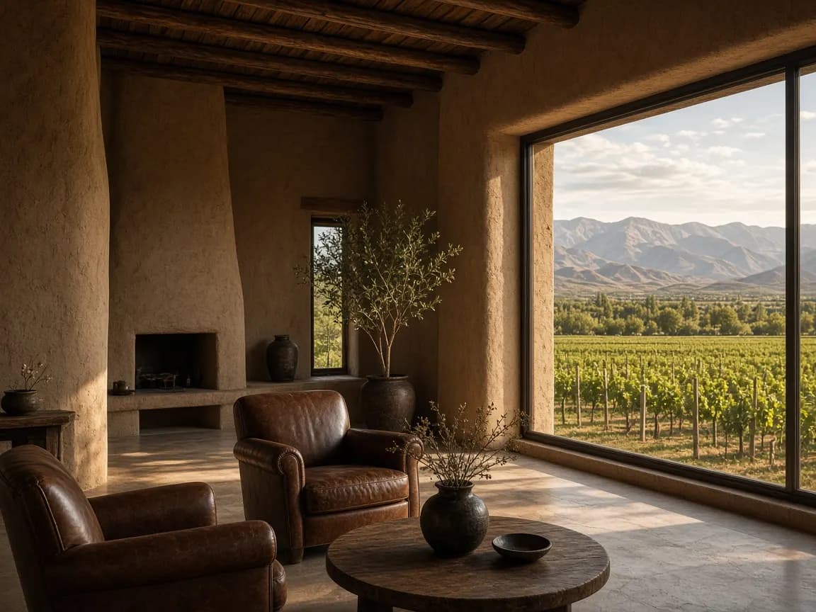 Recepción de adobe y madera con vista al valle