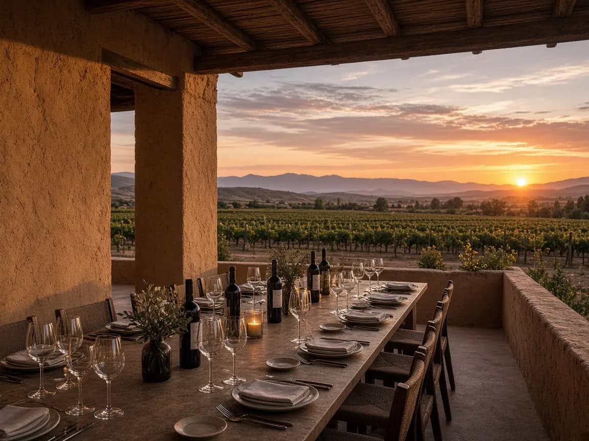 Cocina Mirador con mesa frente a los viñedos