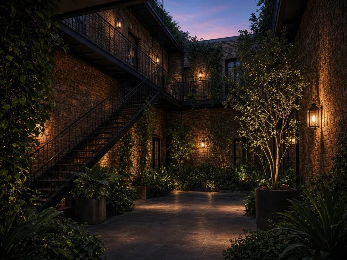 Patio central iluminado al atardecer