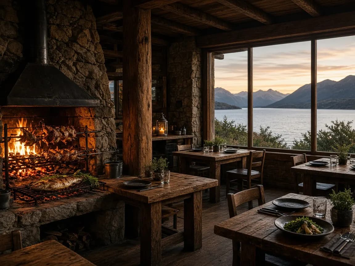 Restaurante Fuego Austral con mesa junto al fuego