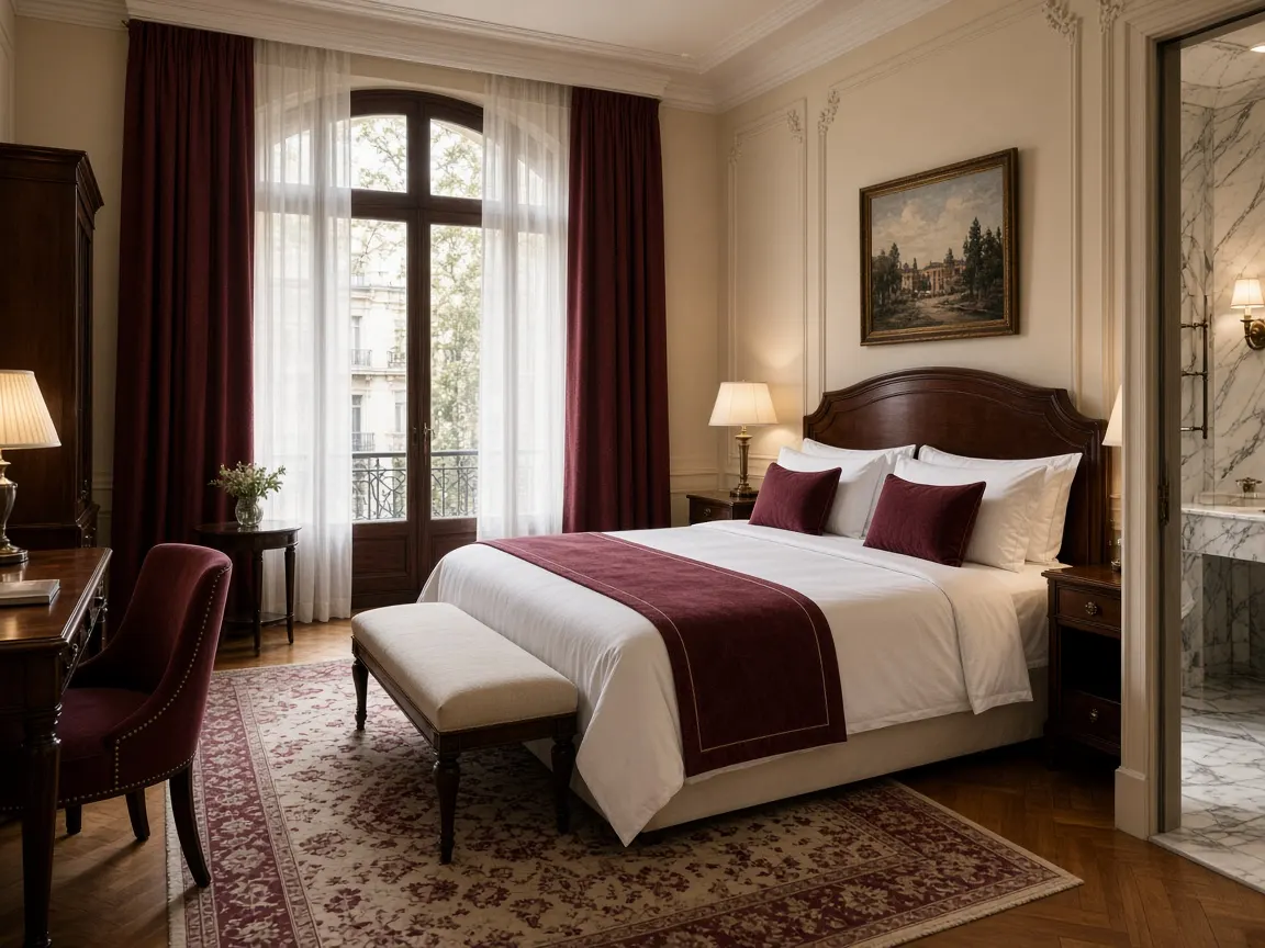 Habitación signature con textiles crema y burdeos
