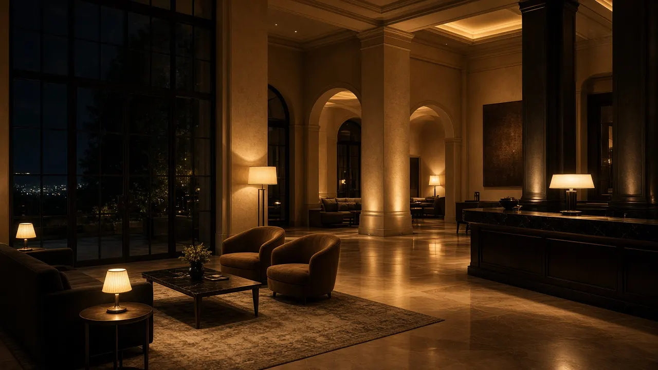 Lobby hotelero iluminado con luz cálida al anochecer